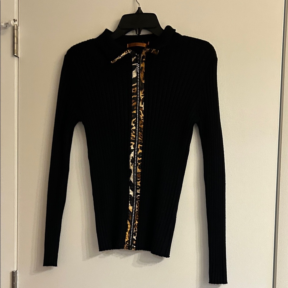 Bellini Black Ribbed Zip Sweater with Gold Accent Trim